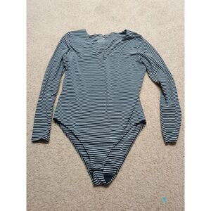 Everlane Long Sleeve Bodysuit V Neck Womens XL Black White Stripes Supina Cotton